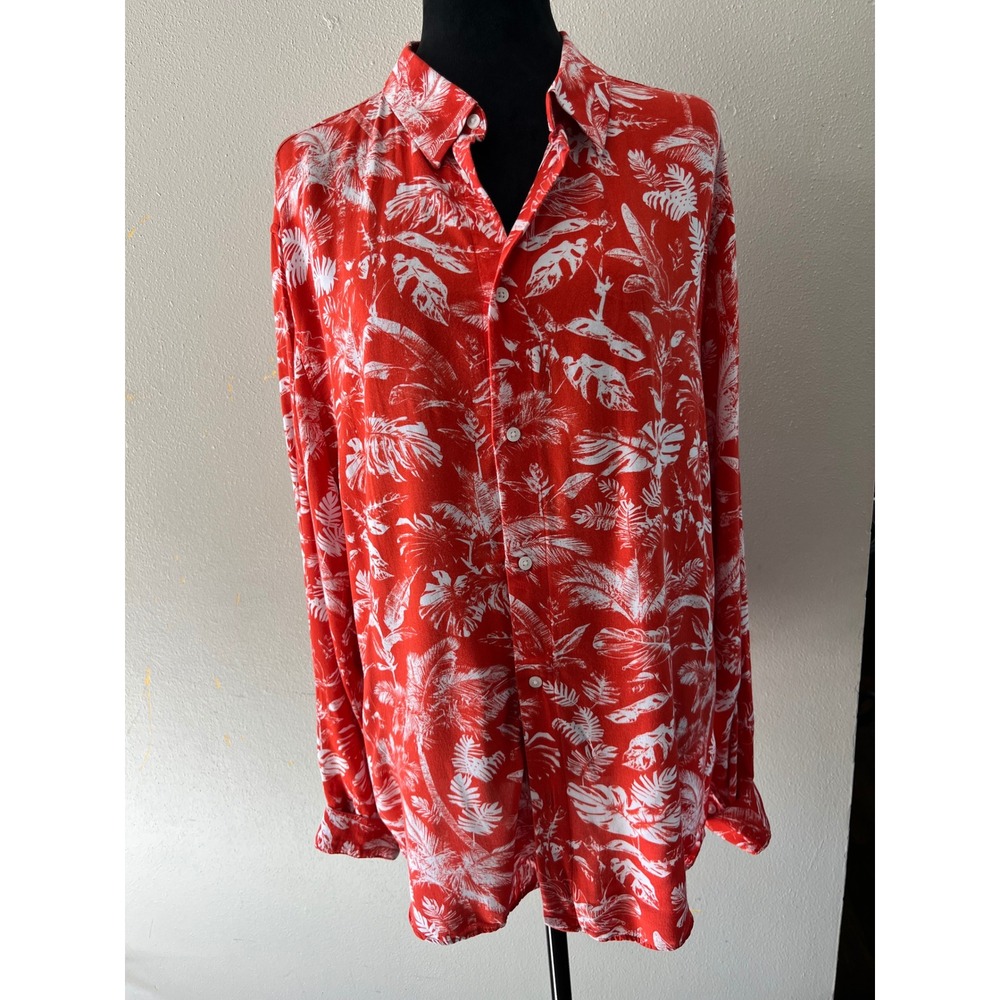 H&M Tropical Palm Leaf Button Down Shirt Mens XL Red White Summer Streetwear - Picture 2 of 7